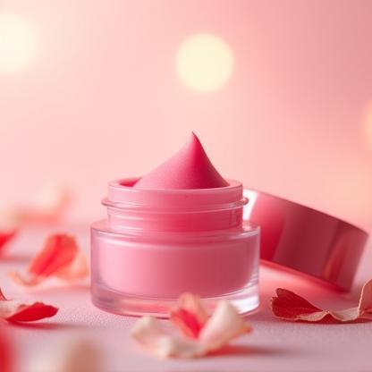 Pote de bálsamo rosado com pétalas de hibisco e fundo leve