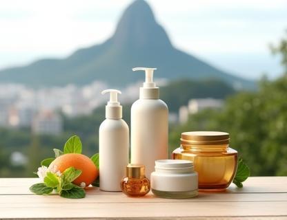 Coleção de cosméticos artesanais sobre superfície de madeira clara com vista do Pão de Açúcar ao fundo