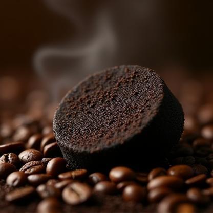 Sabonete escuro com grãos de café ao fundo